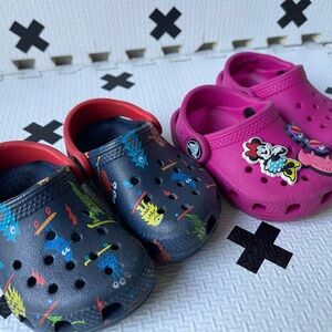 Sizes 4c pink crocs & size 5c monster crocs